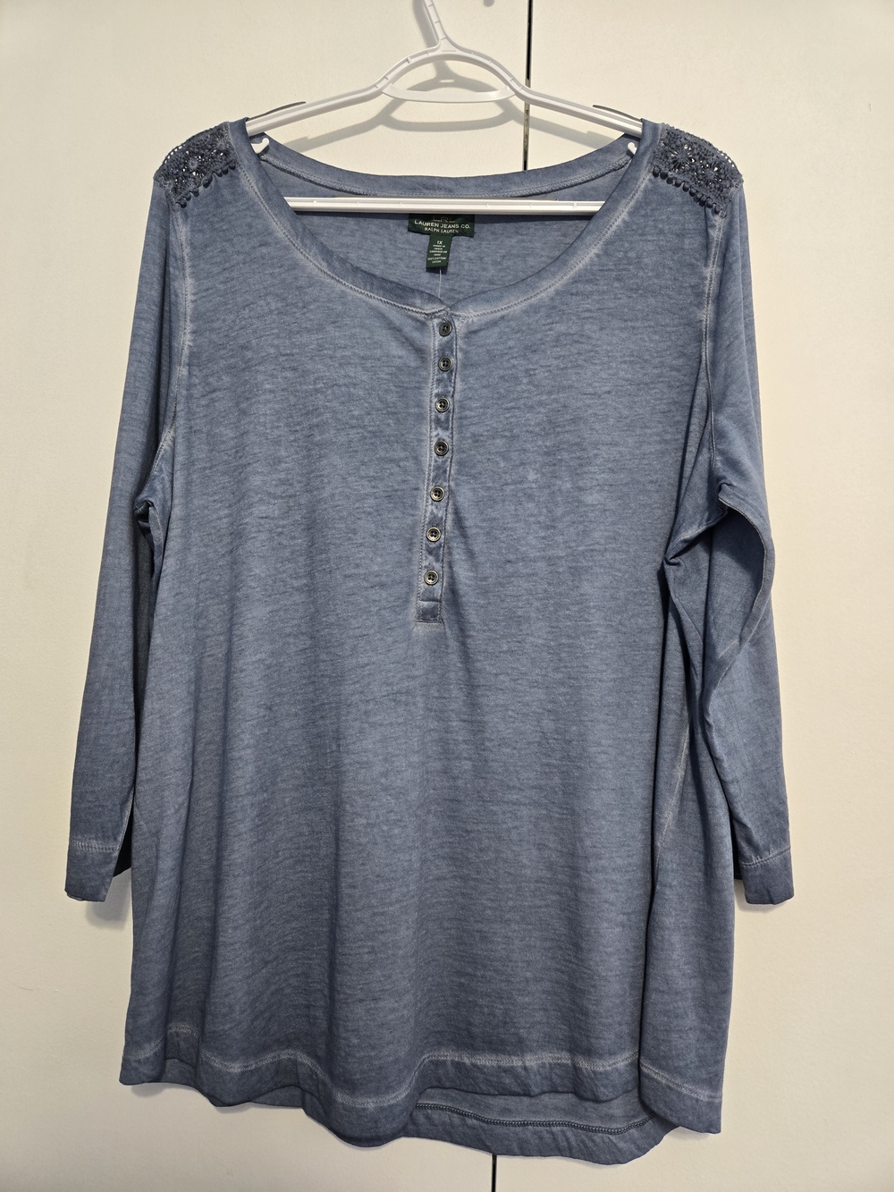NWT‎ Lauren Ralph Lauren 1X Blue 3/4 Sleeve Henley Crochet Top